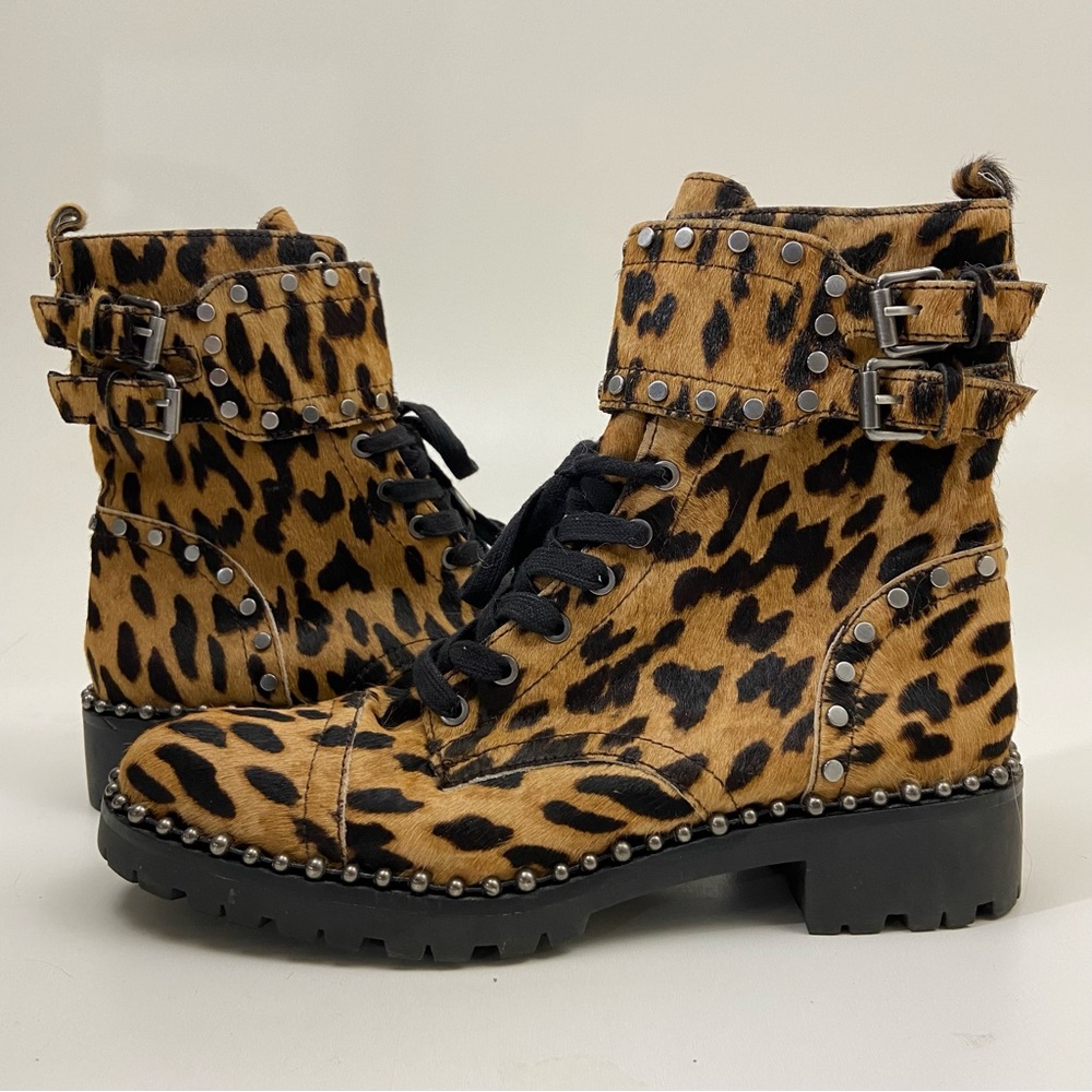 Sam Edelman Jennifer Studded Leopard Print Combat Boots Brown  US 8